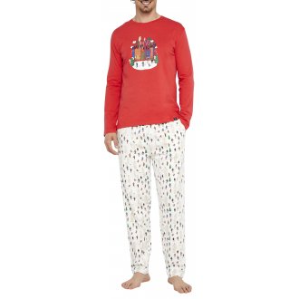 Pyjama long Arthur coton avec manches longues et col V rouge