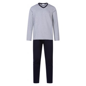 Pyjama long Eden Park en coton : tee-shirt manches longues col V à rayures grises et pantalon bleu marine
