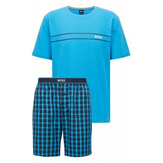 Pyjama court Boss en coton : t-shirt col rond bleu floqué et short à carreaux all-over