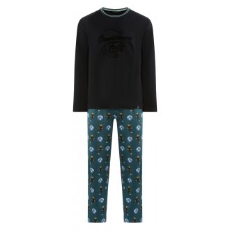 Pyjama Long Arthur en coton biologique fermée avec manches longues et col rond noir et vert