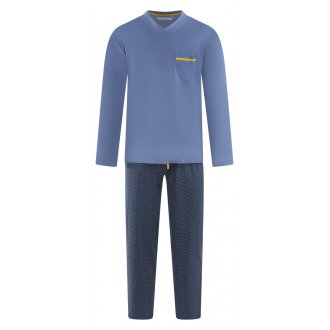 Pyjama long Christian Cane coton avec manches longues et col v bleu
