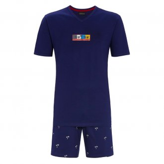 Pyjama court Ringella en coton : tee-shirt col V bleu marine floqué et short bleu marine à motifs palmiers blancs
