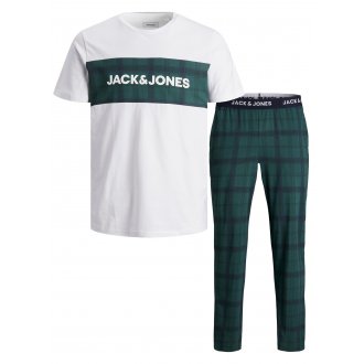 Pyjama Jack & Jones Jactrain en coton : tee-shirt blanc floqué et pantalon vert sapin à carreaux