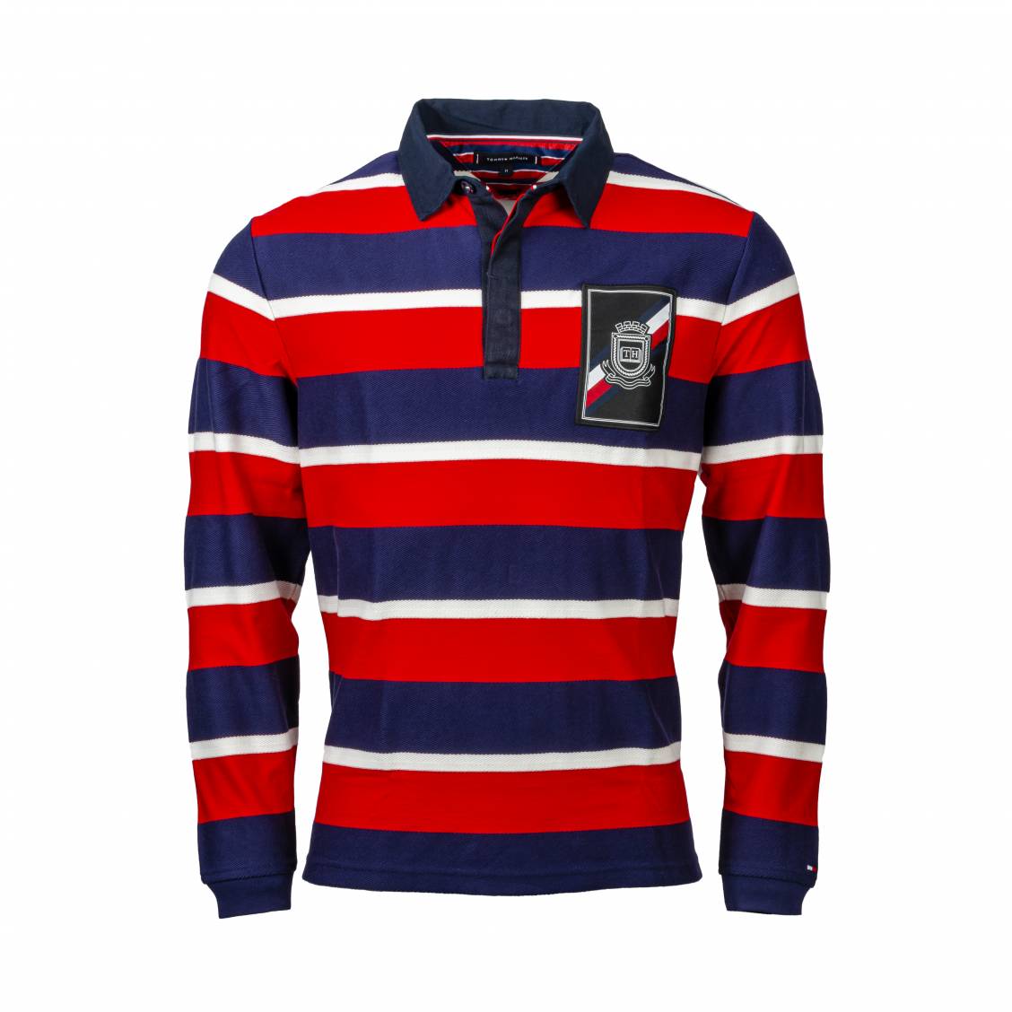 Polo manches longues Tommy hilfiger Herringbone en coton piqué à rayures  blanches, bleu marine et rouges | Rue Des Hommes